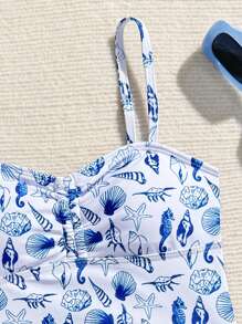 Tween Girls Marine Life Print Drawstring Pleated Tankini Swimsuit Set, Suitable For Beach, Swimming, Surfing - Multicolor - View 4