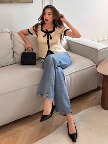 Chiquease French Style Knit Top With Contrast Trim, Fashionable For Summer - Apricot - View 3