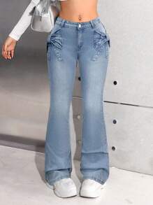 SHEIN Teen Girl Retro Blue Denim Flared Jeans With Butterfly Pocket Design - Light Wash - View 4