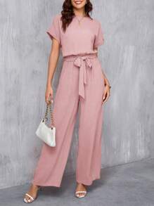 SHEIN Clasi Plus Size Elegant Round Neck Jumpsuit With Waist Belt And Wide Leg