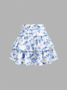 SHEIN Girlism Tween Girls' Casual Floral Pattern Ruffle Hem Mini Skirt, Comfortable & Minimalist - Blue - View 3