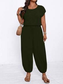 SHEIN LUNE Mono de manga corta, unicolor, informal, de talla grande - Verde militar - Ver 4