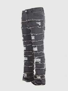 ROMWE MEN Grunge Punk Jeans de mezclilla casuales para hombre con dobladillo deshilachado y lavado distressed