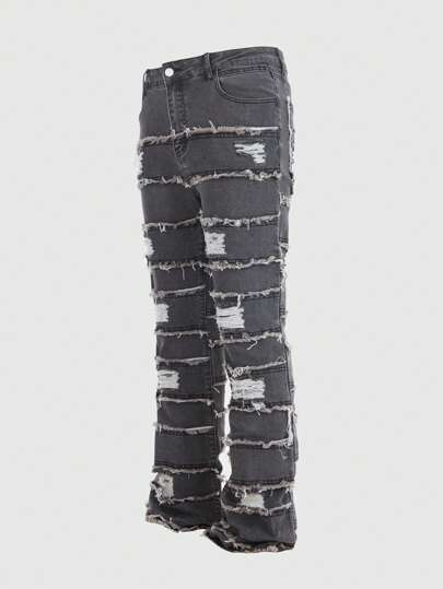 Grunge Punk Jeans di moda maschili in denim lavato consumato con orlo sfrangiato