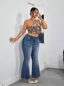 SHEIN PETITE CURVE Plus Size Women's Front Pockets Bell-Bottom Casual Versatile Jeans - Blue - View 5