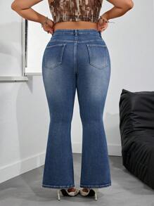 SHEIN PETITE CURVE Plus Size Women's Front Pockets Bell-Bottom Casual Versatile Jeans - Blue - View 6