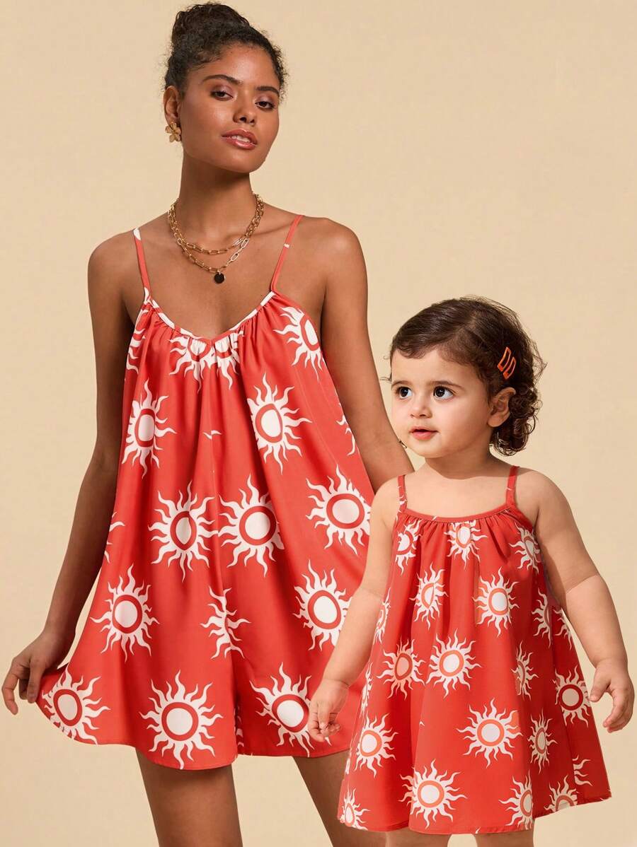 SHEIN Baby Girl Mom And Me Ditsy Floral Printed Sleeveless Woven Dress - Orange - View 1