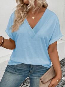 SHEIN EMERY ROSE CURVE Camiseta versátil de manga corta con cuello en V y dobladillo curvo, de talla grande, para todo uso, para mujer - Celeste - Ver 6
