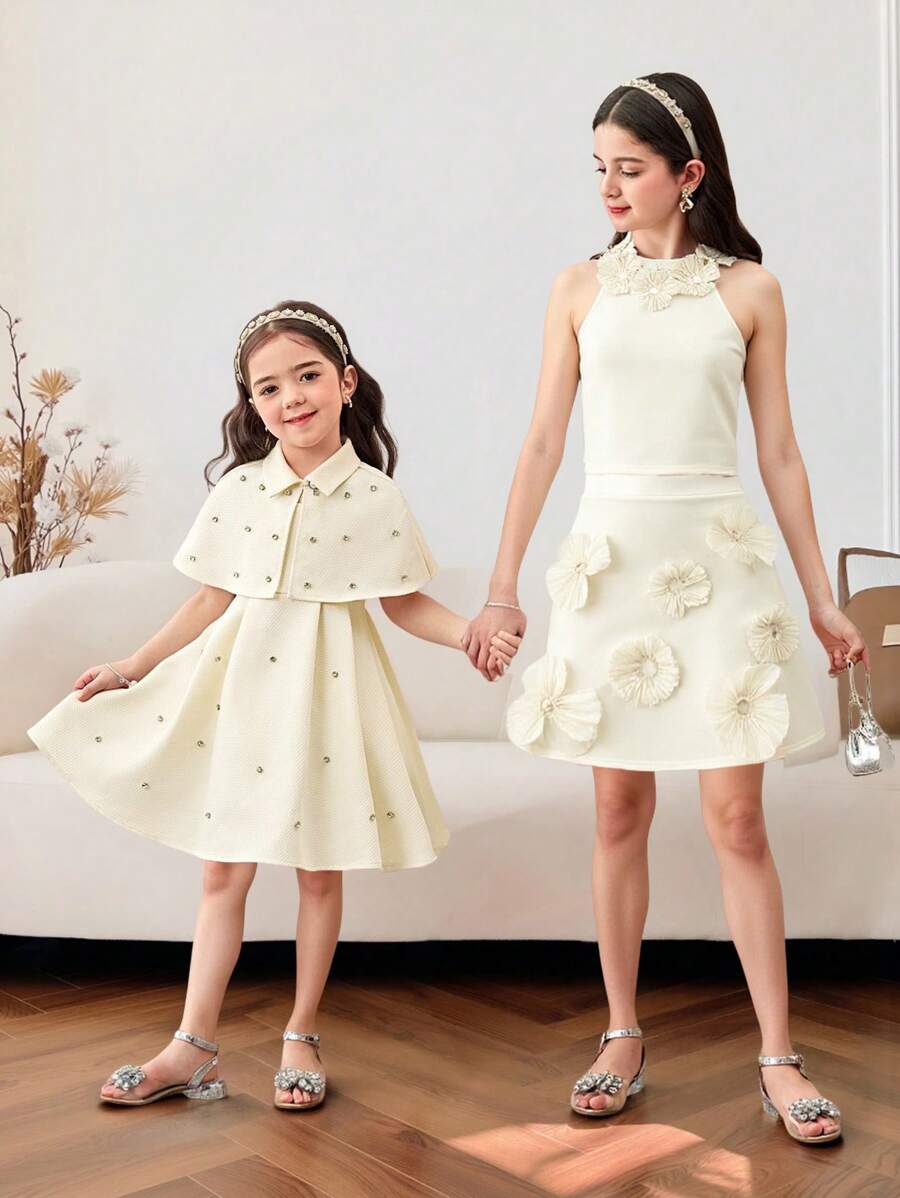 SHEIN Tween Girl Casual Elegant Knitted Solid Color 3D Rose Neck Tank Top & Mini Skirt 2-Piece Set, French Chic Outfit - Apricot - View 1