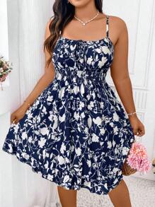 SHEIN PETITE 收腰性感细肩带碎花紧身连衣裙，复古风格收腰性感碎花细肩带紧身连衣裙，优雅时尚碎花 A 字形细肩带迷你连衣裙，清新夏日花卉系腰修身细肩带连衣裙 - 藍色 - 查看 3