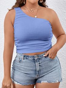 SHEIN VCAY Top de vacaciones de mujer talla grande de unicolor sin mangas, fruncido y con estilo slim