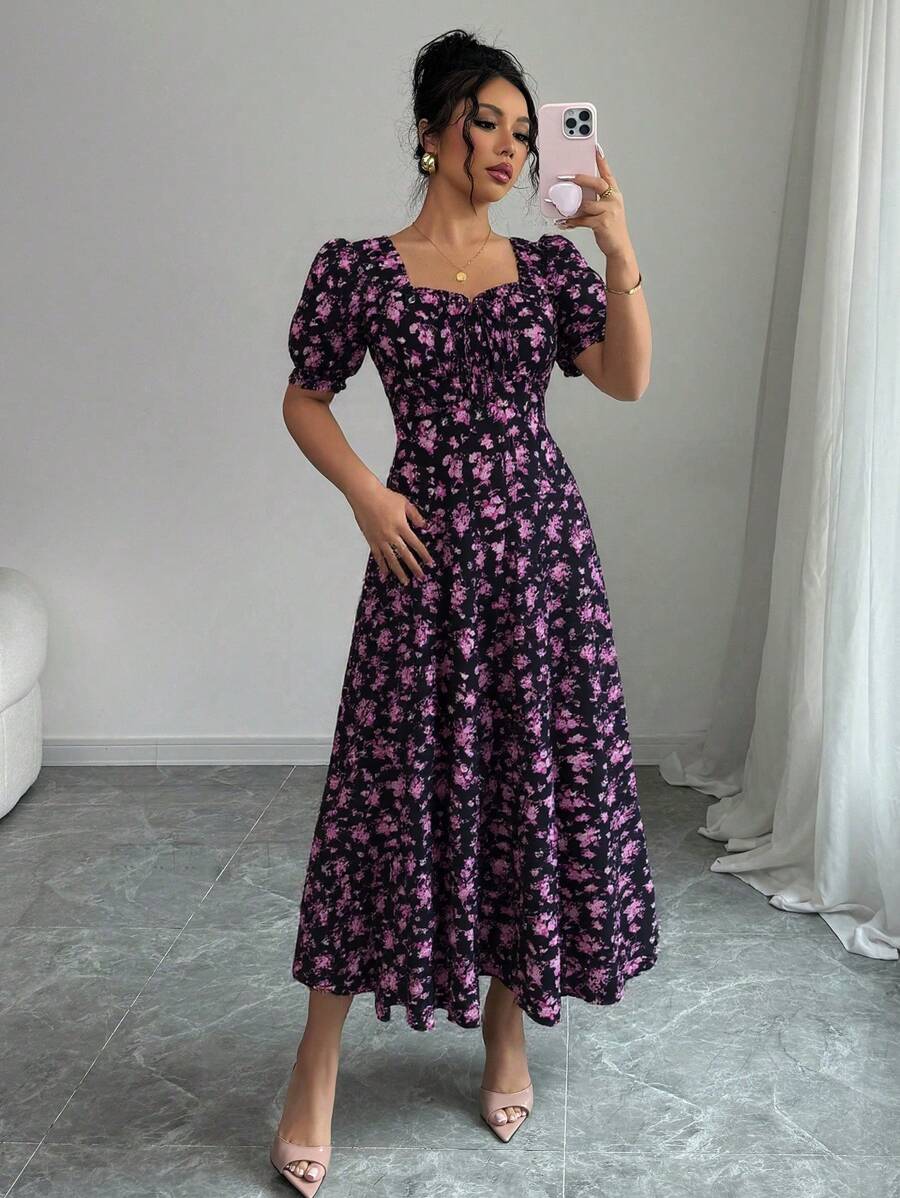 Rafferiza Women's Elegant Floral Print Square Neck Mini Dress, With Ruffle Trim And Ruffle Sleeves, Suitable For Spring, Summer And Autumn - Pink - View 1