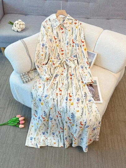 Franclia 女式休闲立领简约蓝色花卉印花长款连衣裙女装