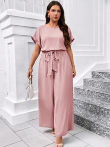 SHEIN Clasi Plus Size Elegant Round Neck Jumpsuit With Waist Belt And Wide Leg