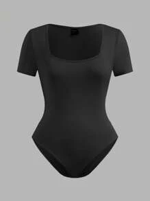 SHEIN EZwear 3pcs Set Multi-Color Square Neck Bodycon Short Sleeve Bodysuit, Suitable For Summer And Daily Wear