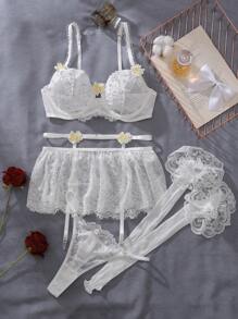 5件套浪漫蕾丝贴花性感内衣套装新娘外出内衣 - 白色 - 查看 6