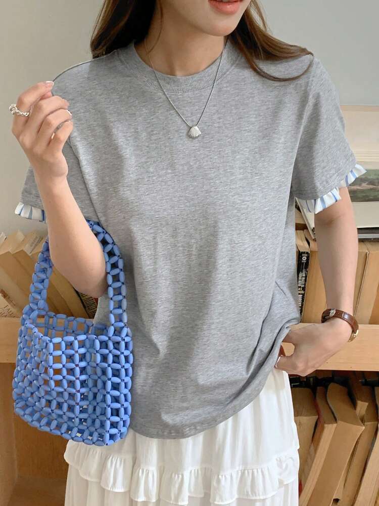 Crewneck Solid Color Slim Fit Short Sleeve Patchwork & Colorblock Women T-Shirt, Summer
