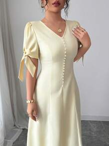 Elenzga 纯色 V 领纽扣袖口蝴蝶结优雅女士长裙