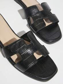 SHUZIA All-Time Bestseller Women's Luxe-Inspired Harness Cutout Open Toe Timeless PU Black -Embossed Slides
