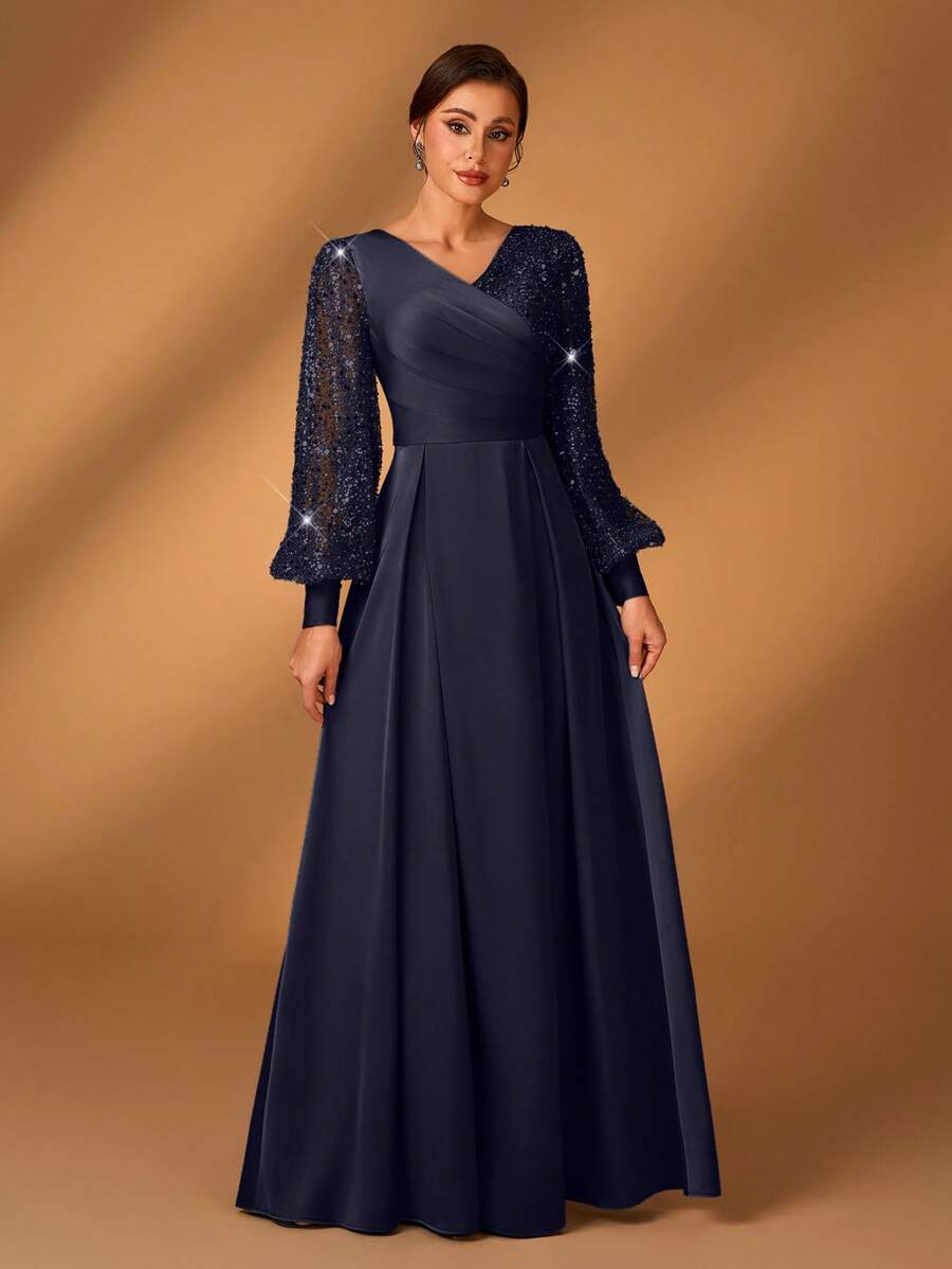 Serin Váy chữ A xếp ly cổ chữ V phối sequin lấp lánh sang trọng màu xám dành cho nữ, tay áo lồng đèn xếp ly cổ chữ V sang trọng, thích hợp cho các bà mẹ tham dự tiệc cưới, tiệc tùng, sự kiện trang trọng - Màu xanh hải quân - Xem 1