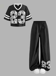 SHEIN Girlism Tween Girls Casual Street Style V-Neck Loose Dropped Shoulder Printed T-Shirt And Wide Leg Pants 2 Pieces Set - Black - View 8