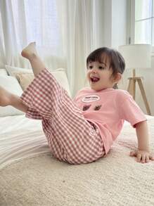 Hapijoa Conjunto de ropa informal para niñas bebé con camiseta de manga corta con estampado de dibujos animados de cuello redondo y pantalones a cuadros - Rosa Pálido - Ver 6