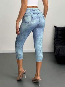 EMERY ROSE Women's Denim Effect Print Casual Fashionable 7/8 Length Leggings