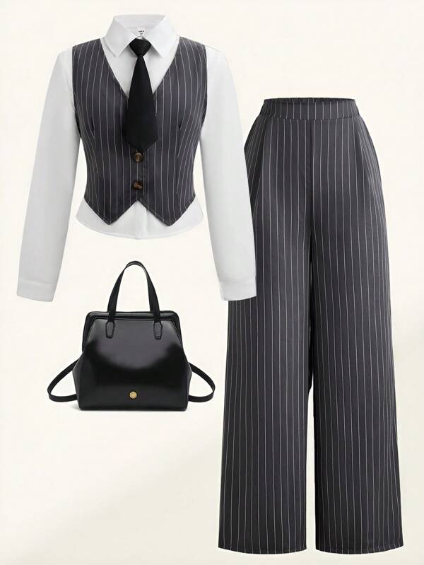 SHEIN Teen Girls Preppy Style Casual Elegant Y2K Vest, Blouse, And Pants Set, Fashionable And Versatile, Perfect For Fall And Spring And Winter