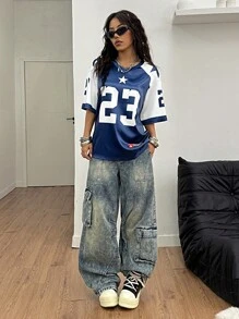 Coolane 女士和男士夏季情侣同款外出街头装数字图案足球球衣 T 恤 - 藍色 - 查看 6