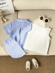 3-częściowy zestaw ubranek dla chłopca, noworodka-3 lata, wiosna-lato, swobodny, codzienny, uniwersalny - błękitny bezrękawnik + kurtka wierzchnia + spodenki - Niebieski - Zobacz 2