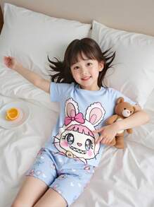 Girls Pajama Set - Blue Rabbit Print Elegant & Fashionable Tight Fit Short Sleeve Top & Shorts 2Pcs, Suitable For Young Girls - Blue - View 4