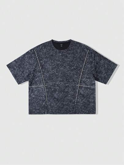 Grunge Punk تي شيرت رجالي صيفية بياقة مستديرة مزينة بدبابيس معدنية وأكمام قصيرة فضفاضة