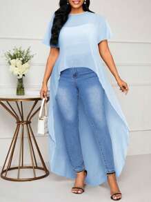 SHEIN Lady Women Plus Size Professional Business Casual Black Shirt For Commuting And Going Out - Baby Blue - View 6