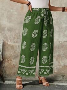 Breezaya Pantalones de vacaciones de estilo bohemio con estampado total, cinturón y piernas anchas, para mujeres de talla grande, pantalones de verano - Verde - Ver 3