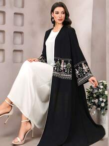 Al Najma 女士花卉印花长袖阿拉伯长袍，端庄长袍 - 黑色 - 查看 2