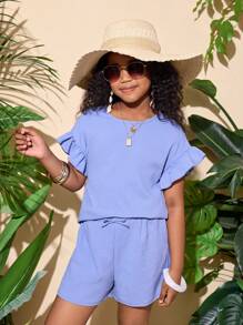 2pcs/Set Tween Girl Short Sleeve Top & Elastic Waist Shorts Casual Holiday Outfit