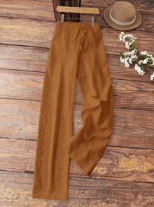 Chiquease Pantalones largos casuales de lino blanco con bolsillo para mujer, pantalones de verano para mujer primavera/verano - Marrón - Ver 3