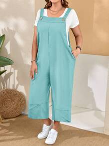 EMERY ROSE 春季大码女式红色工装裤，可调节肩带，纽扣开合，裤腿开叉处有口袋 - 薄荷藍 - 查看 3