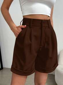 Celisse 女式纯色褶皱口袋休闲百搭短裤 - 棕色 - 查看 3