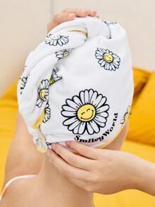 SmileyWorld® | SHEIN Gorro secador de cabello con estampado de flor con cara sonriente, toalla de cabello de material absorbente con pequeño diseño de margarita, apto para todo tipo de cabello, productos de baño