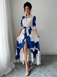 Elenzga 女士优雅花卉 A 字形连衣裙，翻领、收腰、泡泡袖、修身廓形，适合夏季穿着 - 彩色 - 查看 7