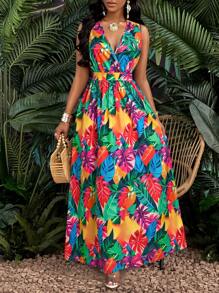 SOLERSUN 热带印花 V 领腰部麻花针织修身喇叭裙长款女装 - 彩色 - 查看 5