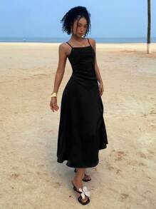 DAZY Women's Satin Slim Fit Waist Maxi Cami Dress,Casual Women Dresses Vacation - Black - View 6