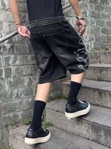 Manfinity EMRG 大码男士休闲水洗磨边牛仔短裤 - 黑色 - 查看 5