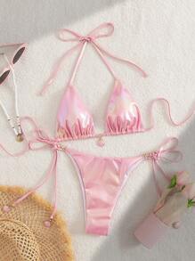 Swim SXY 2 piezas Conjunto de bikini de unicolor para mujer con tirantes halter rosa, decoración de concha y Bottom atada a los lados, ropa de playa de verano - Rosa - Ver 3