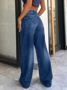 SHEIN Cottnline Quần Jeans Ống Rộng Cạp Thấp 100% Cotton Có Chi Tiết Giặt - Rửa nhẹ - Xem 2