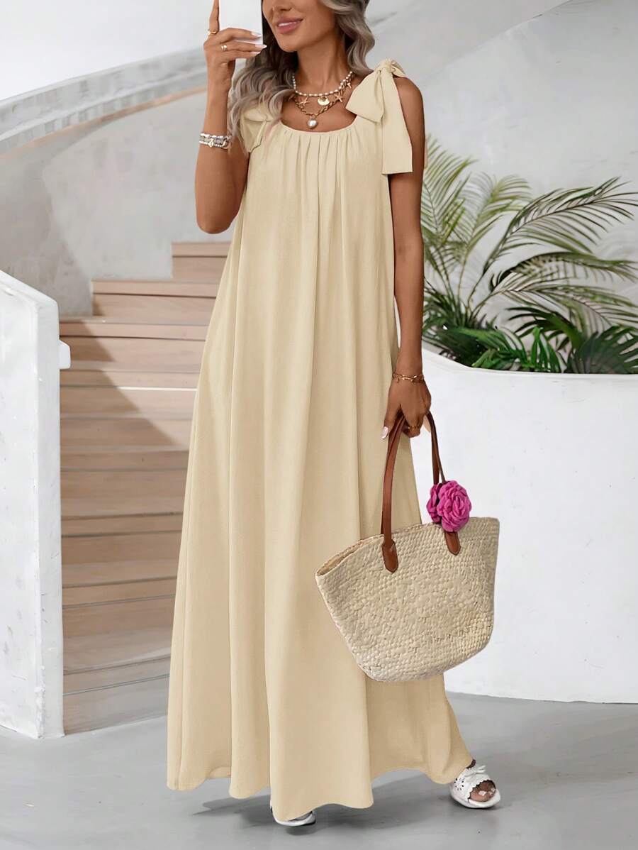SHEIN LUNE Girly Romantic Extra Large Bow Strap Long Dress