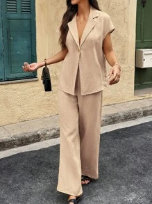 SHEINBlues 2pc Set Women Solid Lapel Neck Batwing Sleeve Single-Breasted Jacket And Trousers - Khaki - View 1