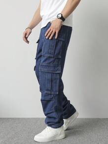 Manfinity Homme Men's Solid Color Multi-Pocket Casual Cargo Denim Jeans - Medium Wash - View 5
