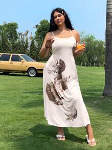SHEIN EZwear 大码夏季度假休闲海滩海洋元素连衣裙 - 米色 - 查看 4